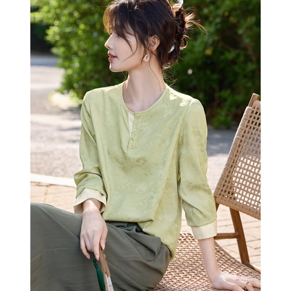 XWI Xinwei New Chinese style satin jacquard color blocked shirt for women s early autumn 2025 design sense small shirt top image 24