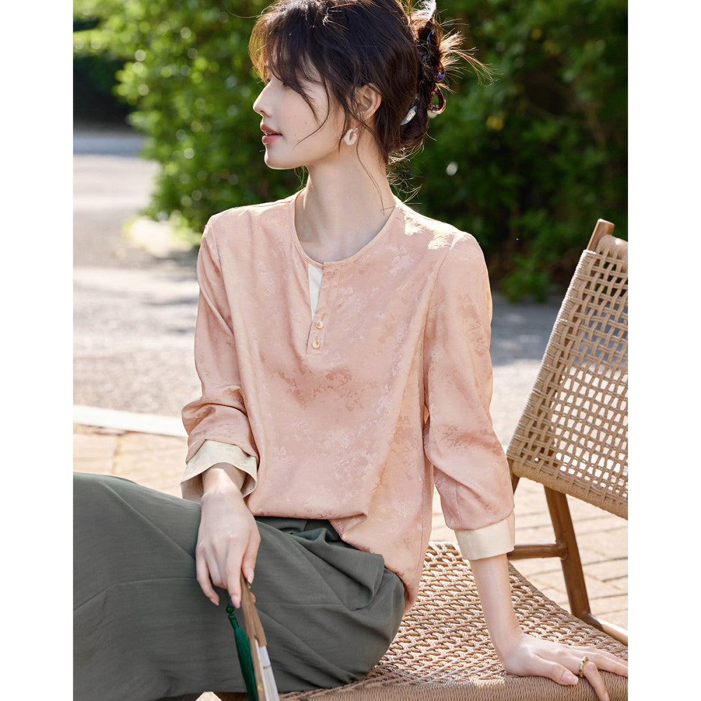 ASAYA4171 Long-sleeved shirt with front opening and button decoration