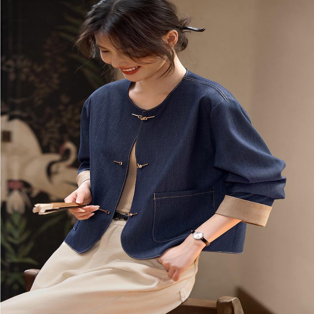 XWI Xinweixin Chinese style color matching imitation denim jacket women 2025 spring and autumn style temperament elegant round neck short top image 4