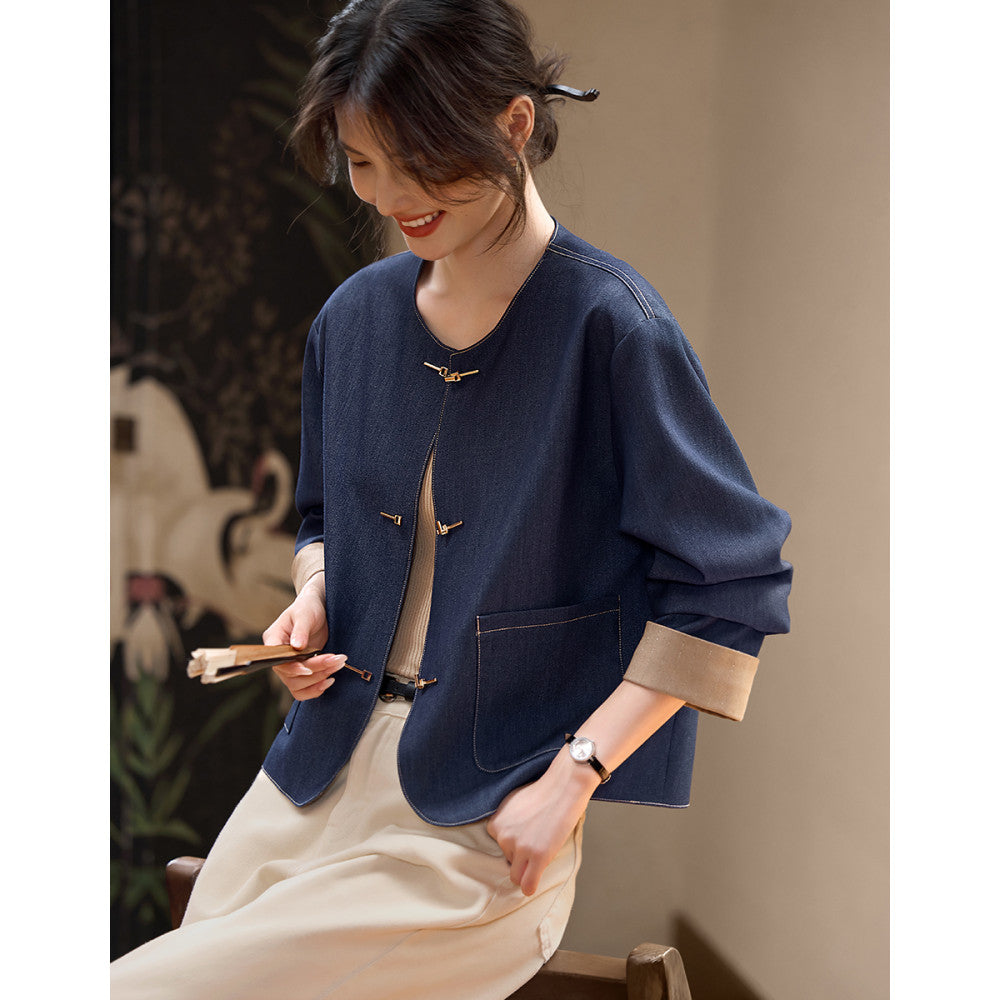 XWI Xinweixin Chinese style color matching imitation denim jacket women 2025 spring and autumn style temperament elegant round neck short top image 12