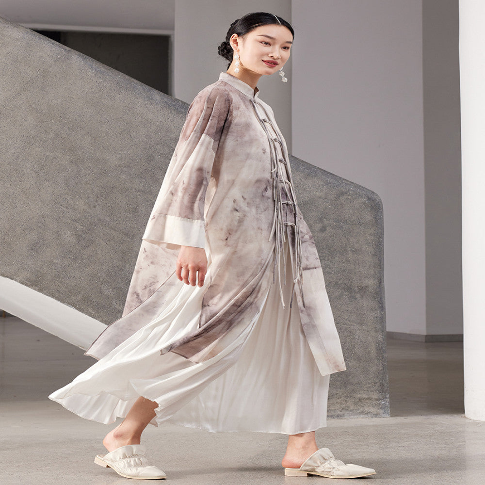 New Chinese style stand up collar silhouette with cross dyed printed mesh and artistic long sleeved jacket J42D391 image 2