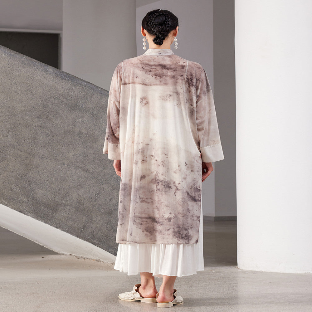 New Chinese style stand up collar silhouette with cross dyed printed mesh and artistic long sleeved jacket J42D391 image 3