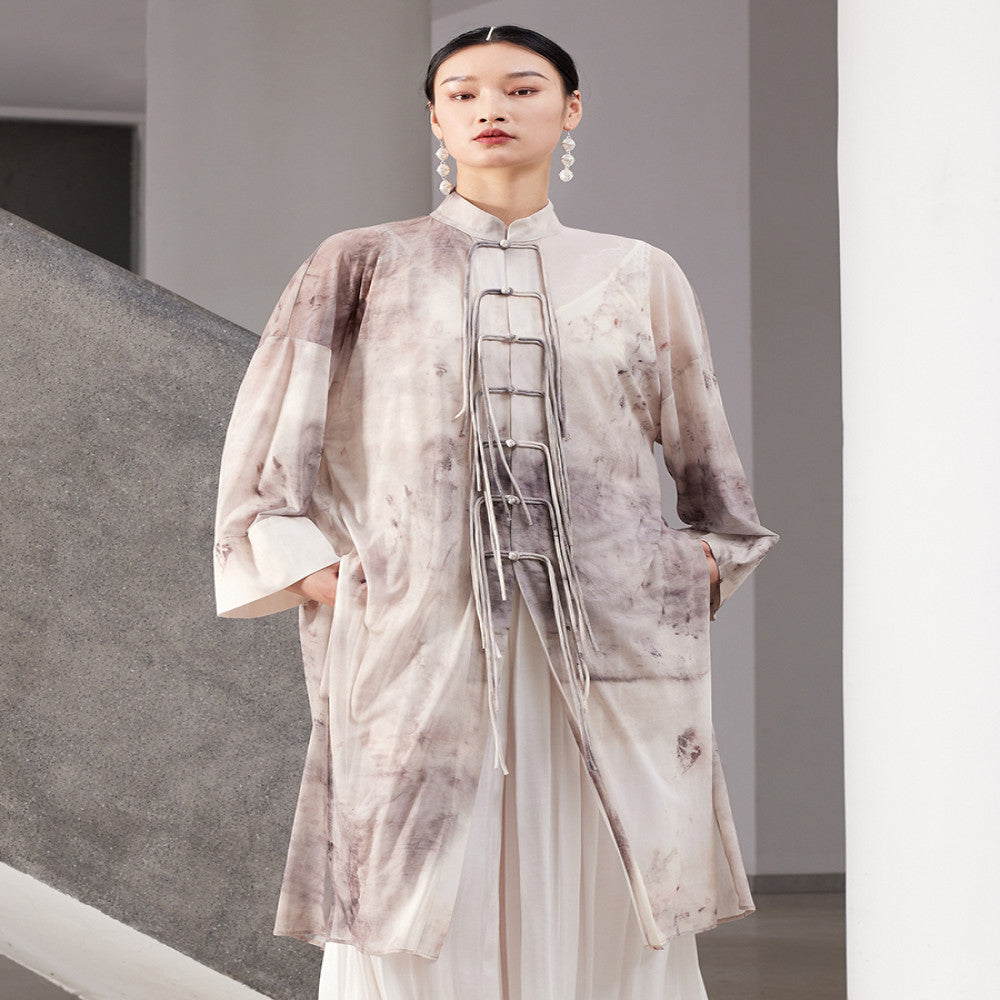 New Chinese style stand up collar silhouette with cross dyed printed mesh and artistic long sleeved jacket J42D391 image 4