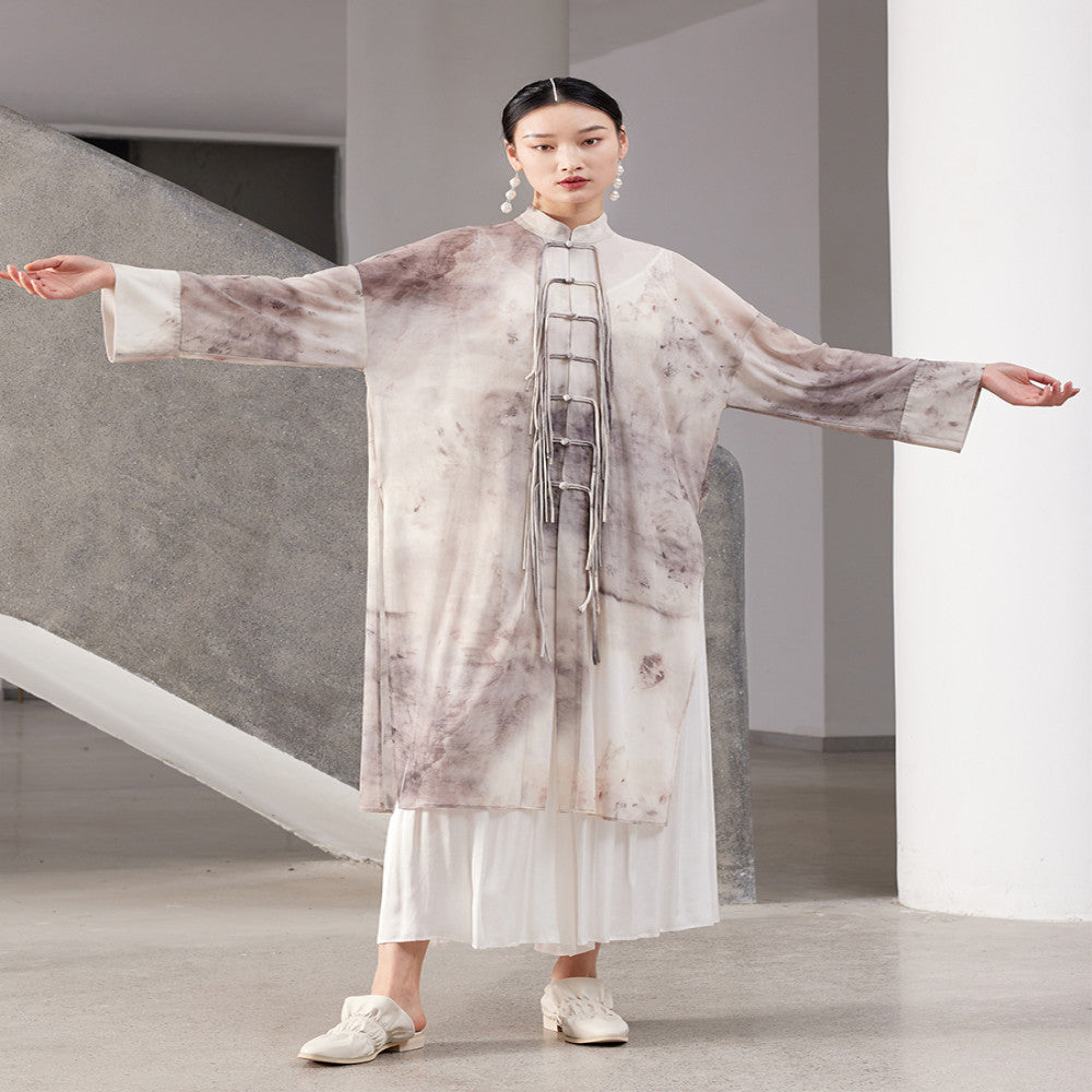 New Chinese style stand up collar silhouette with cross dyed printed mesh and artistic long sleeved jacket J42D391 image 5