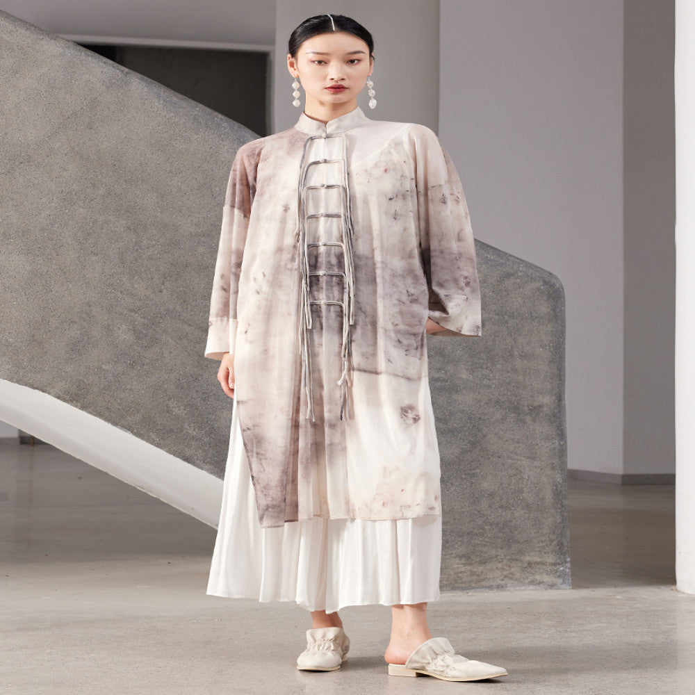 New Chinese style stand up collar silhouette with cross dyed printed mesh and artistic long sleeved jacket J42D391 image 0