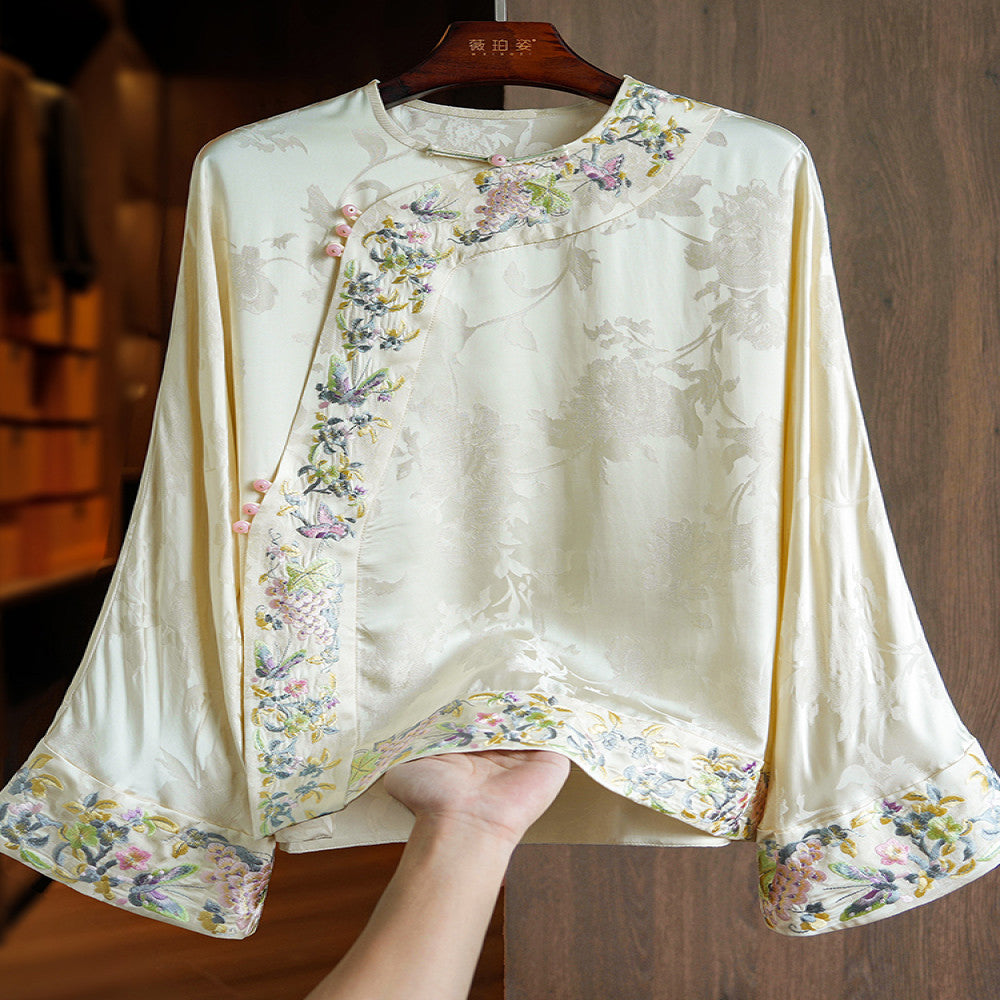 Improved oblique collar button silk acetate new Chinese style tops women s long sleeves autumn new heavy industry style embroidered shirt image 19