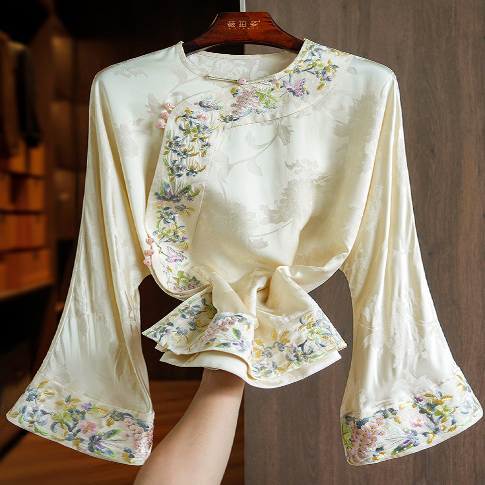 Improved oblique collar button silk acetate new Chinese style tops women s long sleeves autumn new heavy industry style embroidered shirt image 20