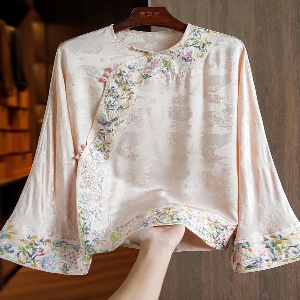 Improved oblique collar button silk acetate new Chinese style tops women s long sleeves autumn new heavy industry style embroidered shirt image 21