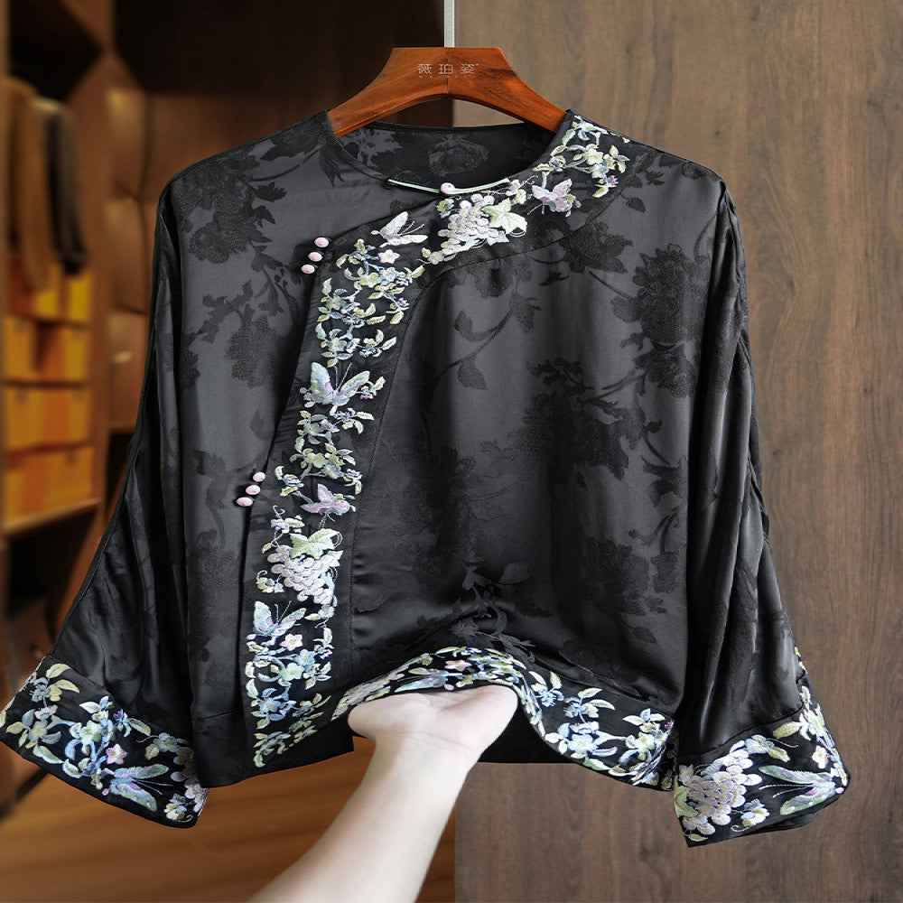 Improved oblique collar button silk acetate new Chinese style tops women s long sleeves autumn new heavy industry style embroidered shirt image 22