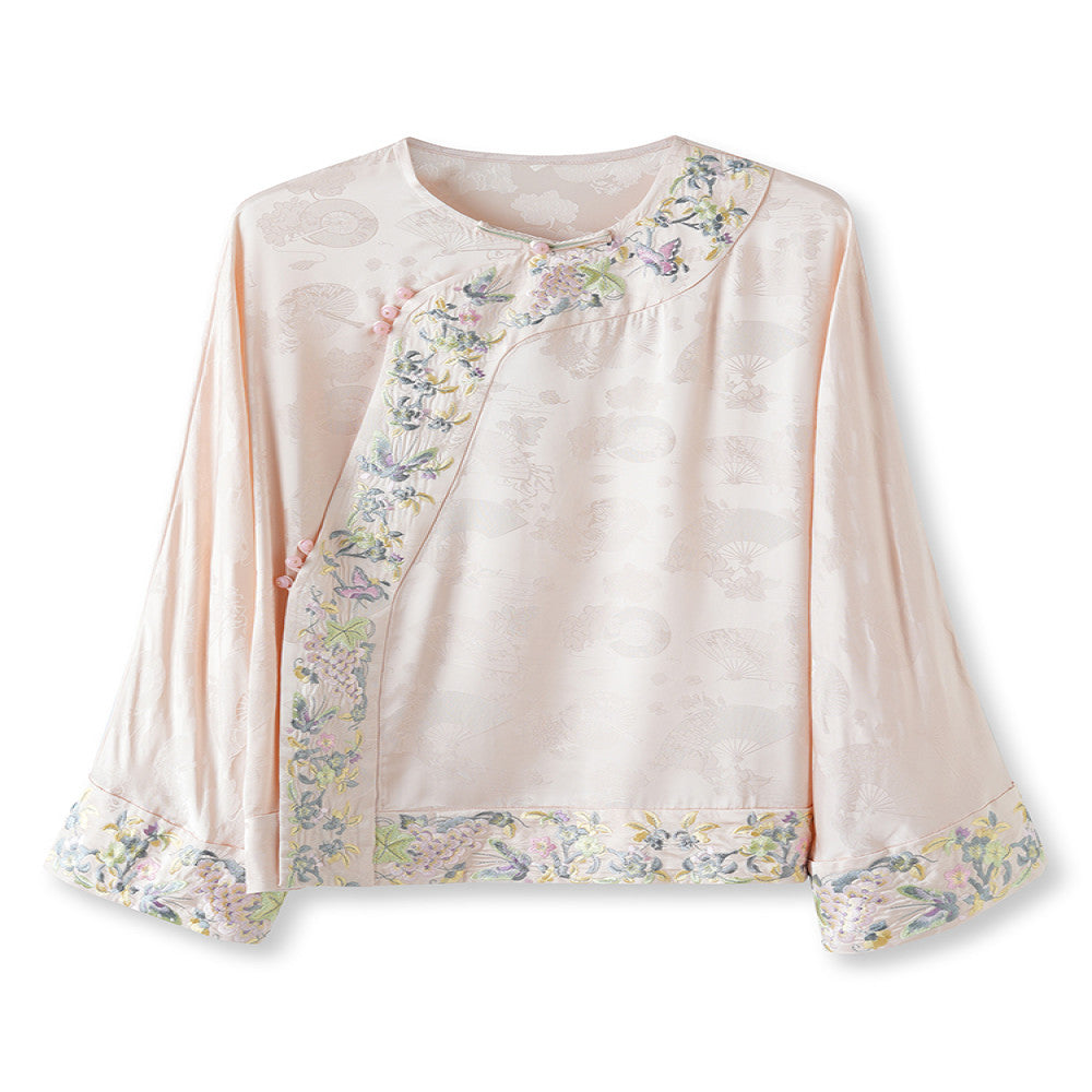 Improved oblique collar button silk acetate new Chinese style tops women s long sleeves autumn new heavy industry style embroidered shirt image 23