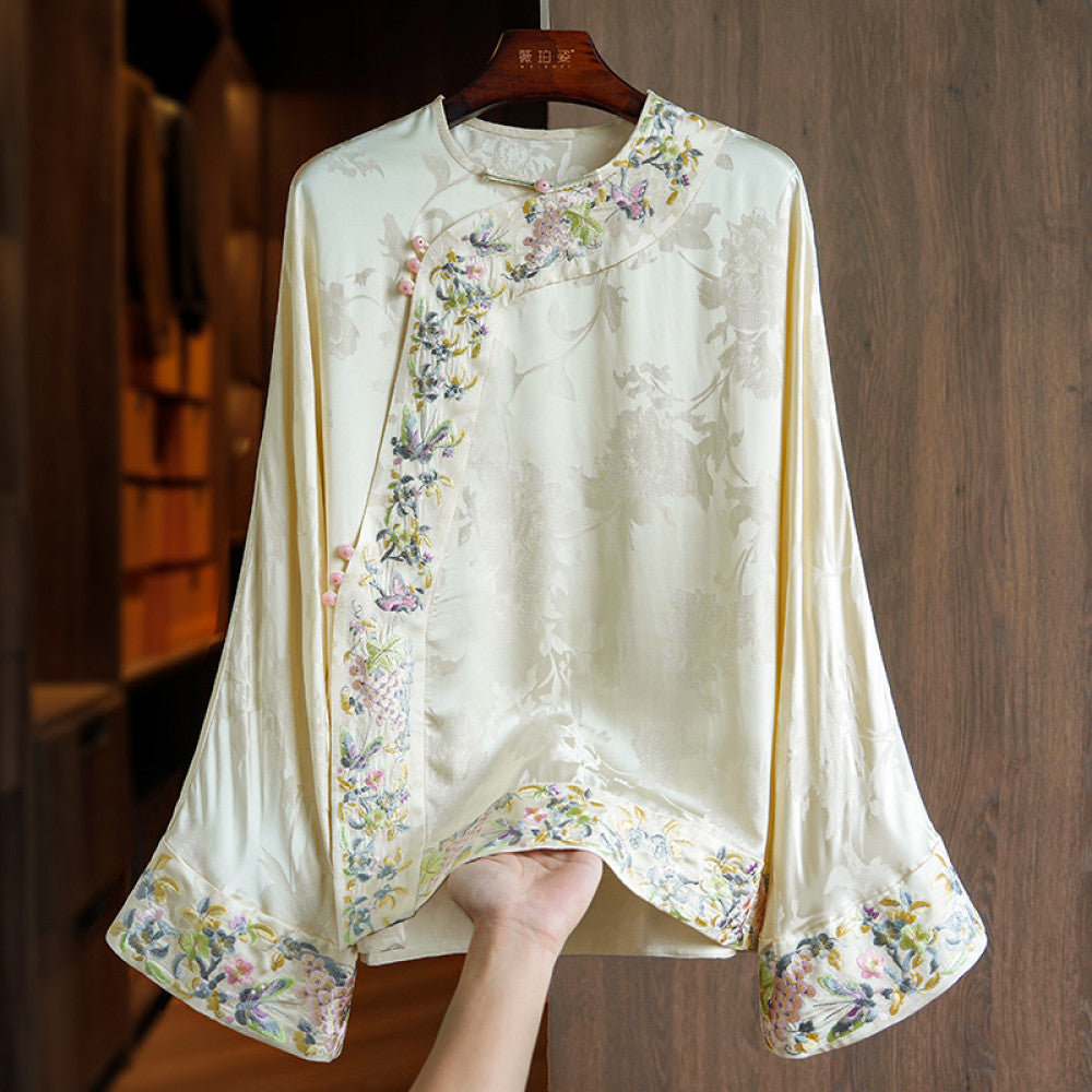 Improved oblique collar button silk acetate new Chinese style tops women s long sleeves autumn new heavy industry style embroidered shirt image 25