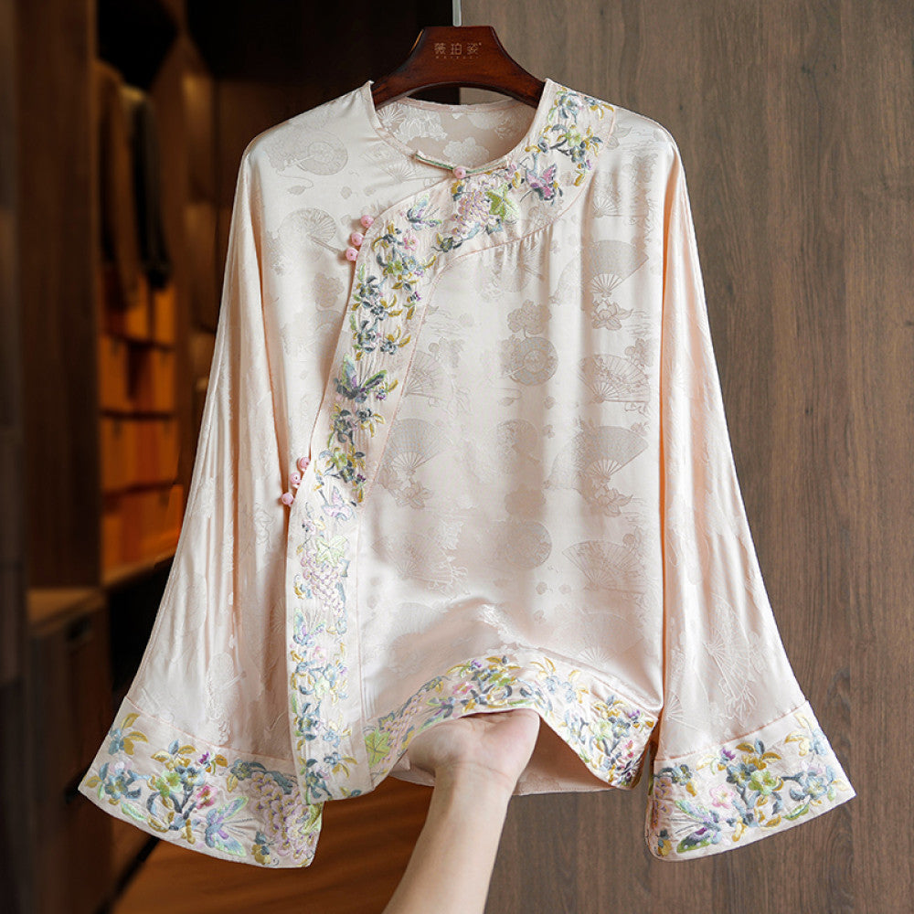 Improved oblique collar button silk acetate new Chinese style tops women s long sleeves autumn new heavy industry style embroidered shirt image 9