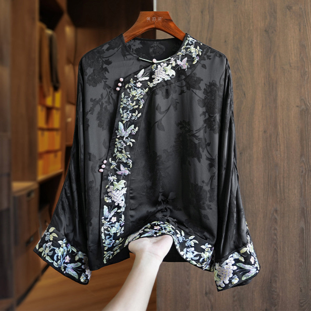 Improved oblique collar button silk acetate new Chinese style tops women s long sleeves autumn new heavy industry style embroidered shirt image 14