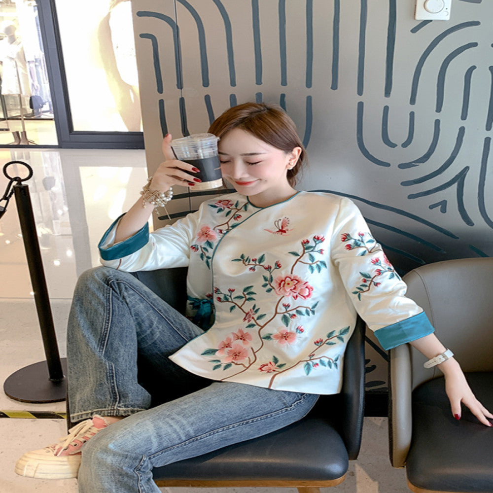 Chinese style young daily improved cheongsam tops for women high end embroidery lace up new Chinese Tang suit jacket image 0