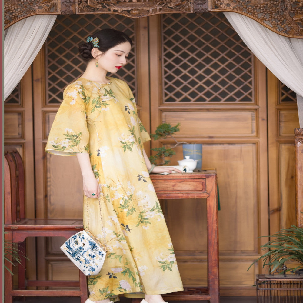 Spring shirt dyeing Chinese cheongsam daily collarless lazy loose inverted large sleeved cheongsam dress original image 0