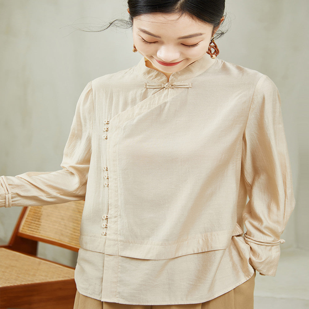QS Jixi spring and autumn new retro national style buttoned shirt women s oblique placket solid color slim long sleeve fashion tops image 1