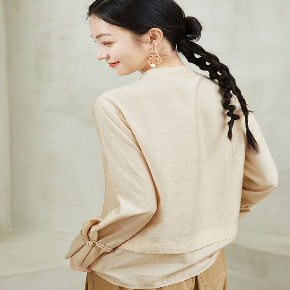 QS Jixi spring and autumn new retro national style buttoned shirt women s oblique placket solid color slim long sleeve fashion tops image 2