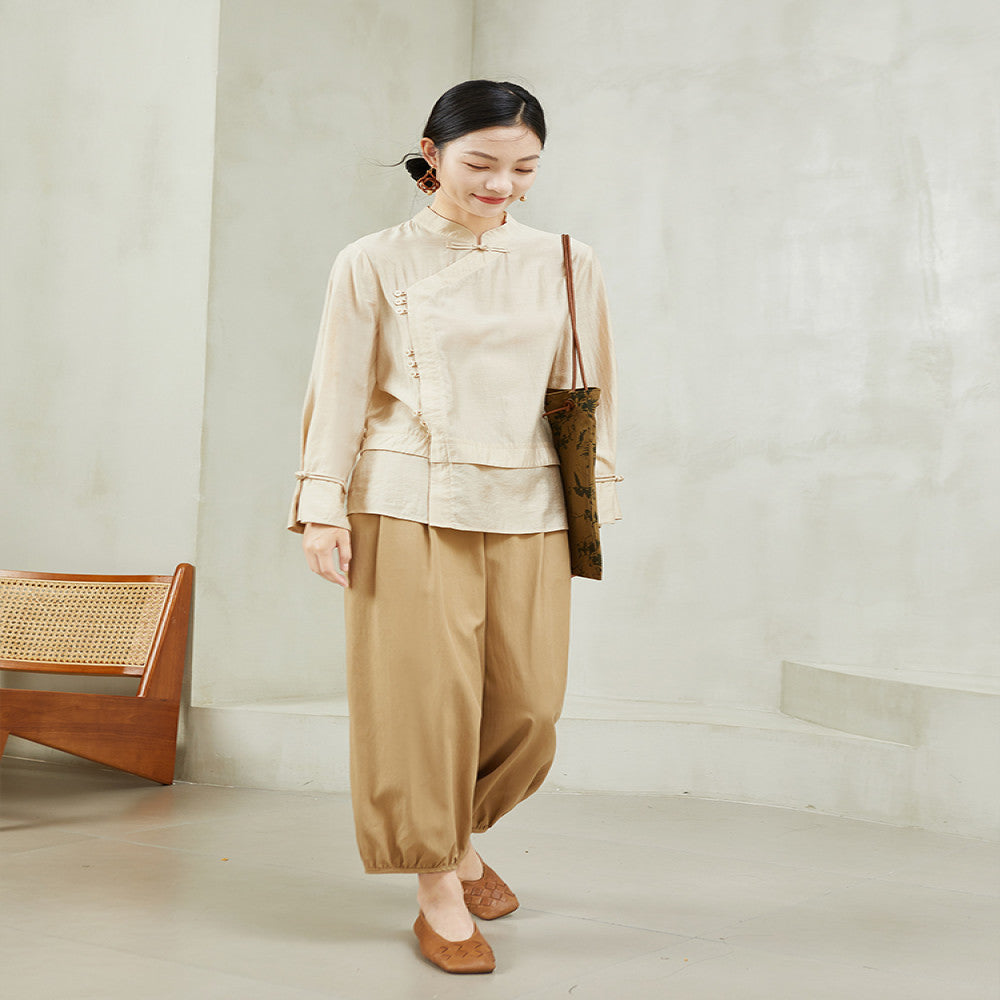 QS Jixi spring and autumn new retro national style buttoned shirt women s oblique placket solid color slim long sleeve fashion tops image 3