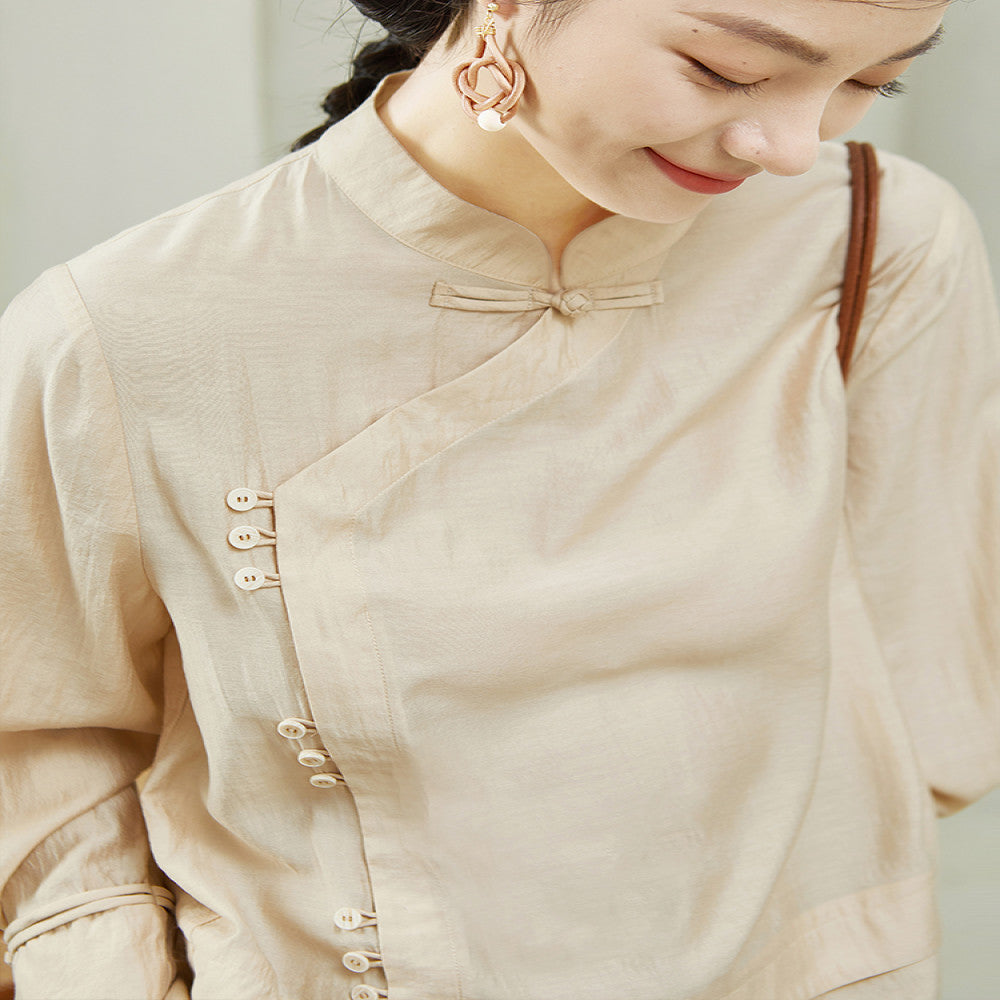 QS Jixi spring and autumn new retro national style buttoned shirt women s oblique placket solid color slim long sleeve fashion tops image 4