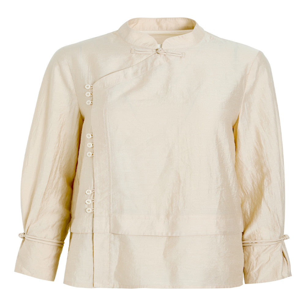 QS Jixi spring and autumn new retro national style buttoned shirt women s oblique placket solid color slim long sleeve fashion tops image 5