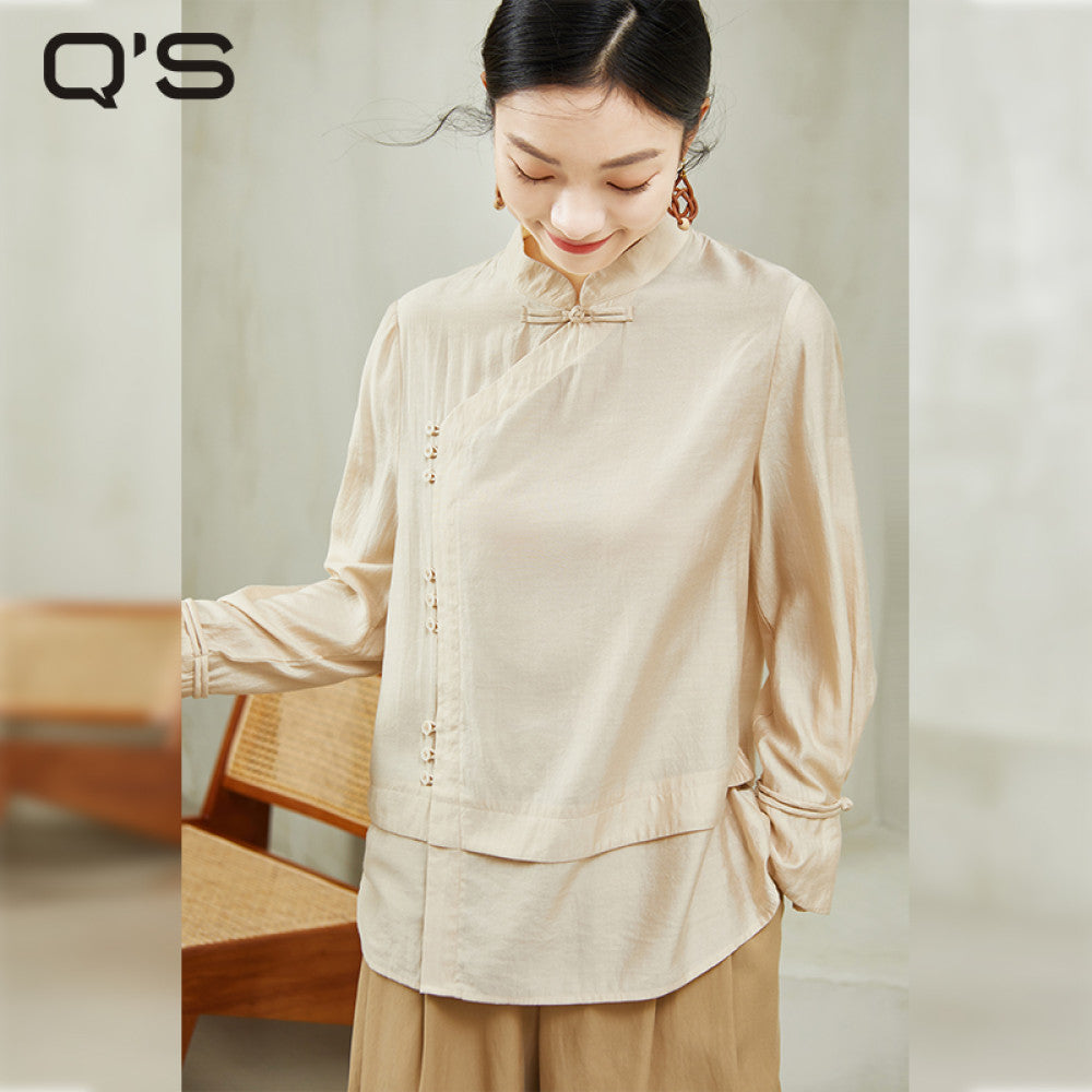 QS Jixi spring and autumn new retro national style buttoned shirt women s oblique placket solid color slim long sleeve fashion tops image 7