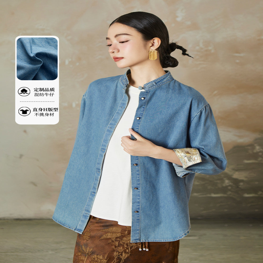 Same style straw Xi 2025 Spring and Autumn light national style embroidered long sleeved denim shirt for women washed cotton jacket image 1