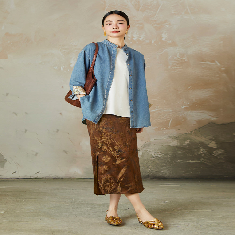 Same style straw Xi 2025 Spring and Autumn light national style embroidered long sleeved denim shirt for women washed cotton jacket image 3