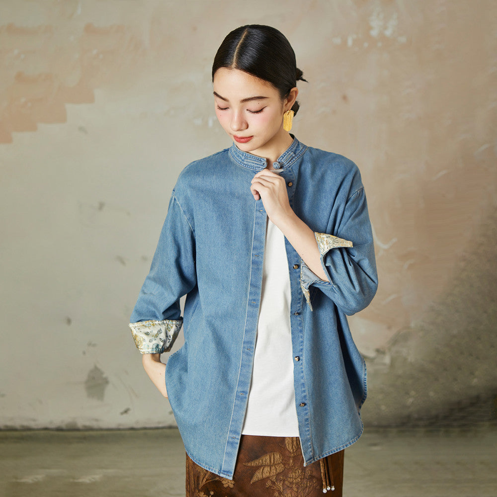 Same style straw Xi 2025 Spring and Autumn light national style embroidered long sleeved denim shirt for women washed cotton jacket image 9