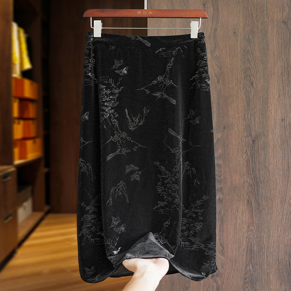 Black fashion temperament silk velvet new Chinese style midi skirt for women in autumn new Chinese style embroidered high waisted mid length skirt image 2