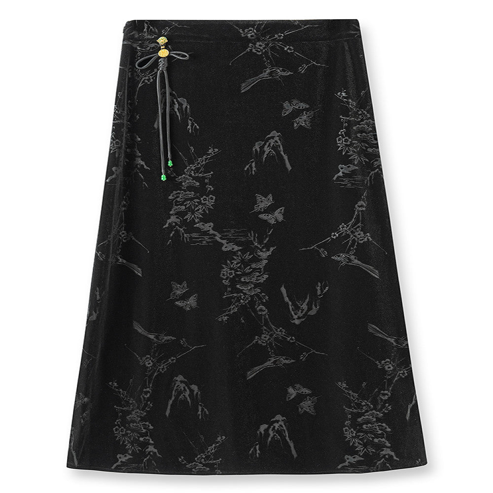 Black fashion temperament silk velvet new Chinese style midi skirt for women in autumn new Chinese style embroidered high waisted mid length skirt image 5