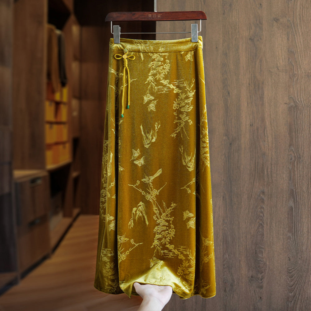 Black fashion temperament silk velvet new Chinese style midi skirt for women in autumn new Chinese style embroidered high waisted mid length skirt image 16