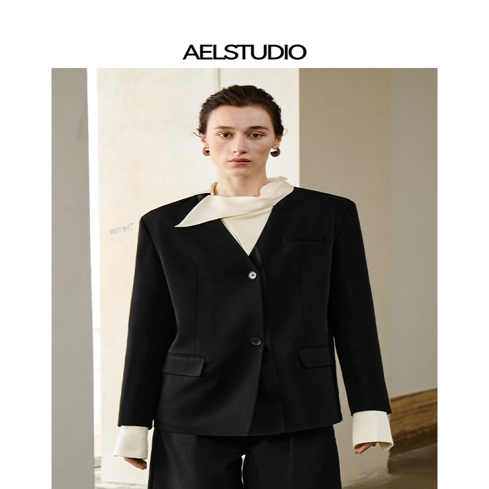 AEL original black suit jacket female 2025 new temperament lady advanced acetate satin professional small suit image 15