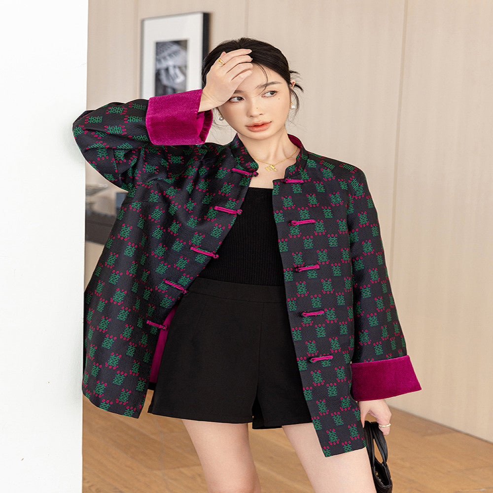 Vintage woven satin jacquard Chinese style jacket for women mid to long length autumn outfit original design loose new Chinese style button top image 1