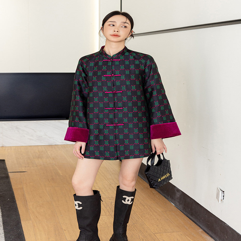 Vintage woven satin jacquard Chinese style jacket for women mid to long length autumn outfit original design loose new Chinese style button top image 4