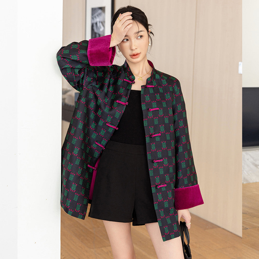 Vintage woven satin jacquard Chinese style jacket for women mid to long length autumn outfit original design loose new Chinese style button top image 9