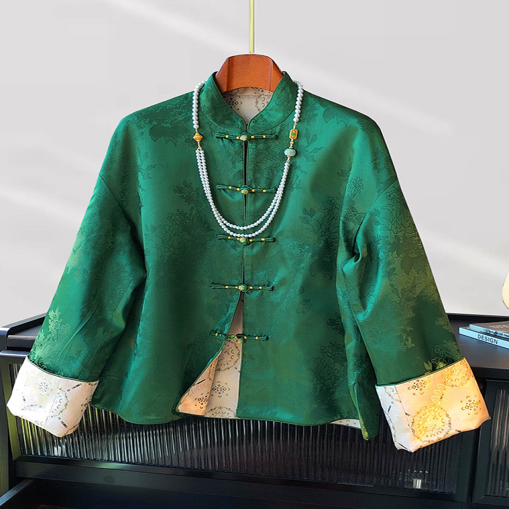 New Chinese style standing collar jacket for women in spring 2025 retro jacquard casual temperament versatile button top image 1