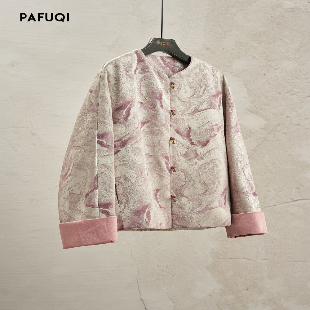 Improved new Chinese style jacket pink age reducing jacquard loose silhouette top Chinese style women s clothing 2025 new style early autumn image 1