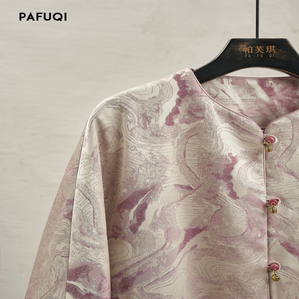 Improved new Chinese style jacket pink age reducing jacquard loose silhouette top Chinese style women s clothing 2025 new style early autumn image 2