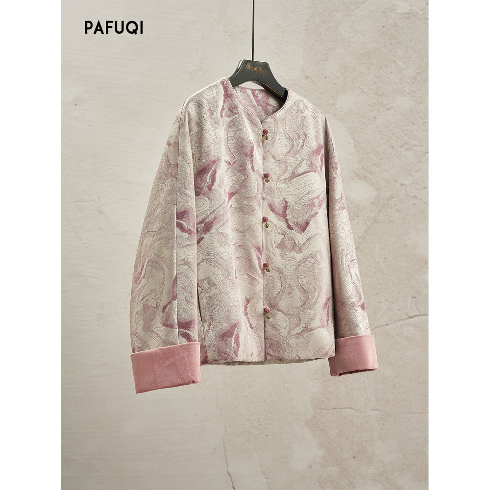 Improved new Chinese style jacket pink age reducing jacquard loose silhouette top Chinese style women s clothing 2025 new style early autumn image 6