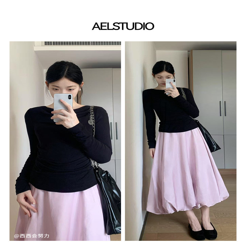 Classic Wardrobe AEL Original Flowing Satin High Waist Skirt for Women 2025 Autumn Water Mother Skirt Pink Flower Bud Skirt image 141