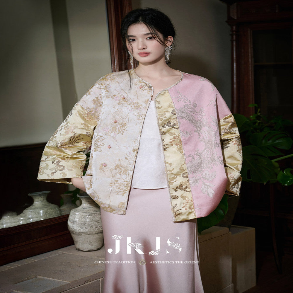 JKJS Jintangchun Colorblock jacquard double breasted quilted jacket autumn and winter Chinese style women s thick new Chinese style cotton coat image 2