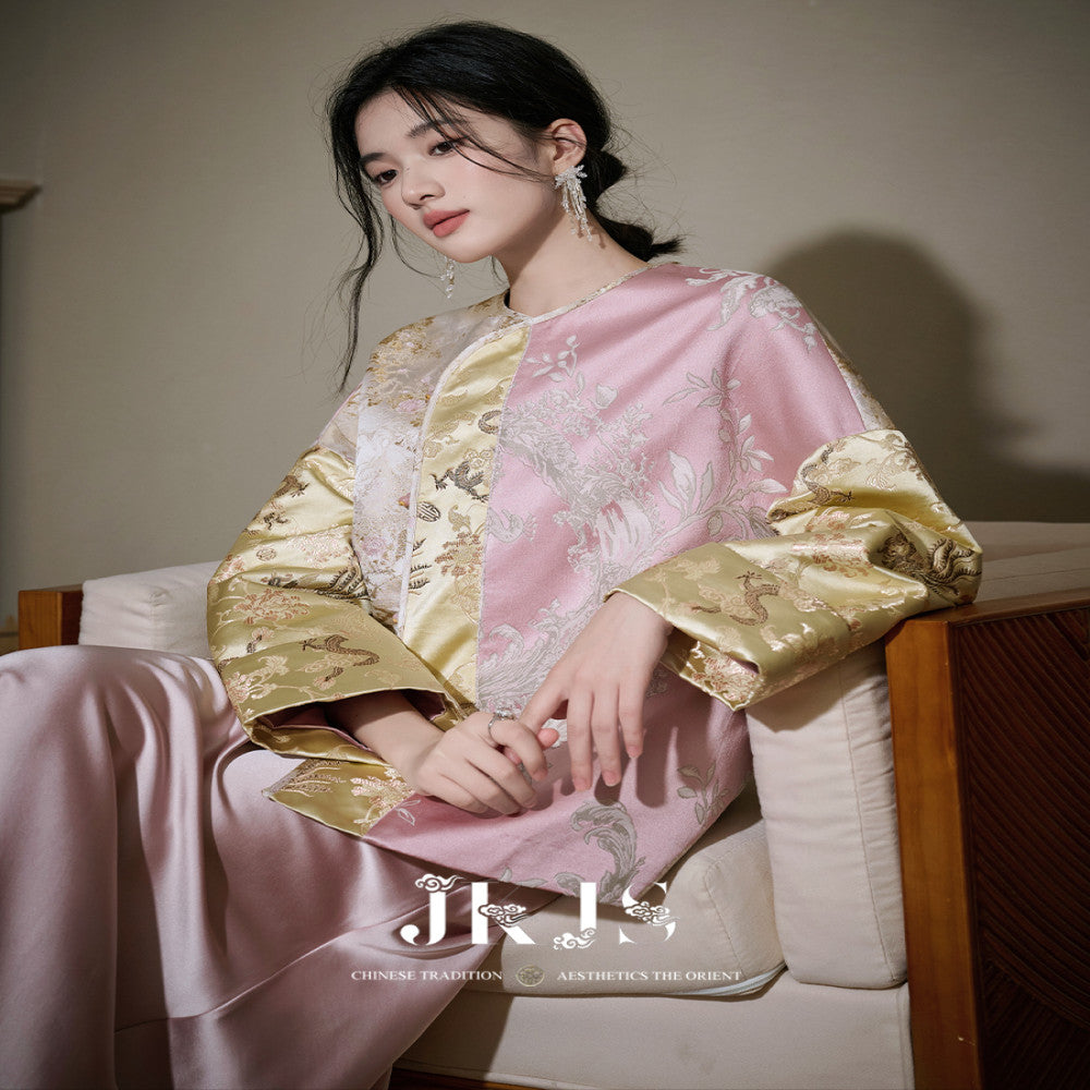 JKJS Jintangchun Colorblock jacquard double breasted quilted jacket autumn and winter Chinese style women s thick new Chinese style cotton coat image 0