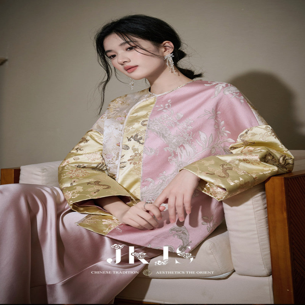 JKJS Jintangchun Colorblock jacquard double breasted quilted jacket autumn and winter Chinese style women s thick new Chinese style cotton coat image 7