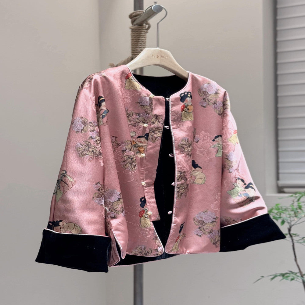 New Chinese style round neck double sided autumn and winter coat velvet pink Little Tang style high end young Tang style off shoulder sleeves Chinese style image 2