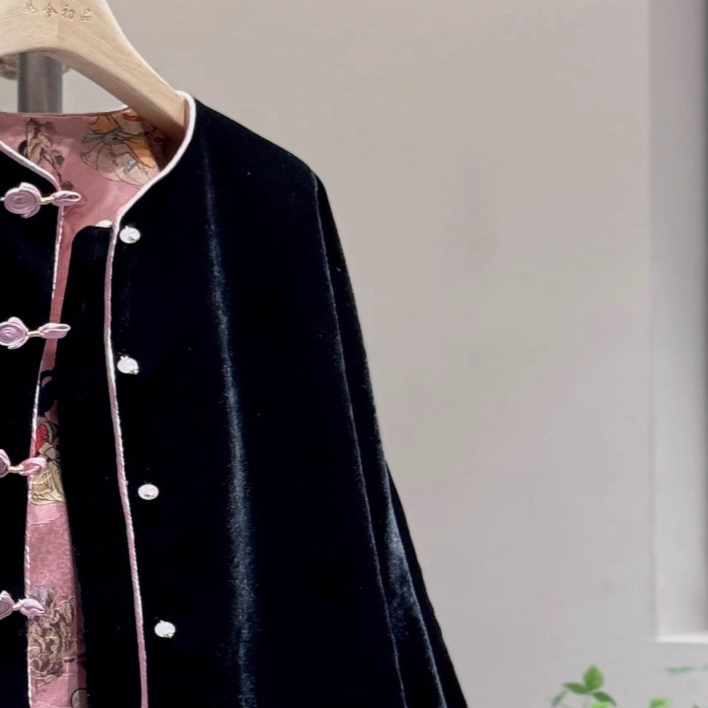 New Chinese style round neck double sided autumn and winter coat velvet pink Little Tang style high end young Tang style off shoulder sleeves Chinese style image 3