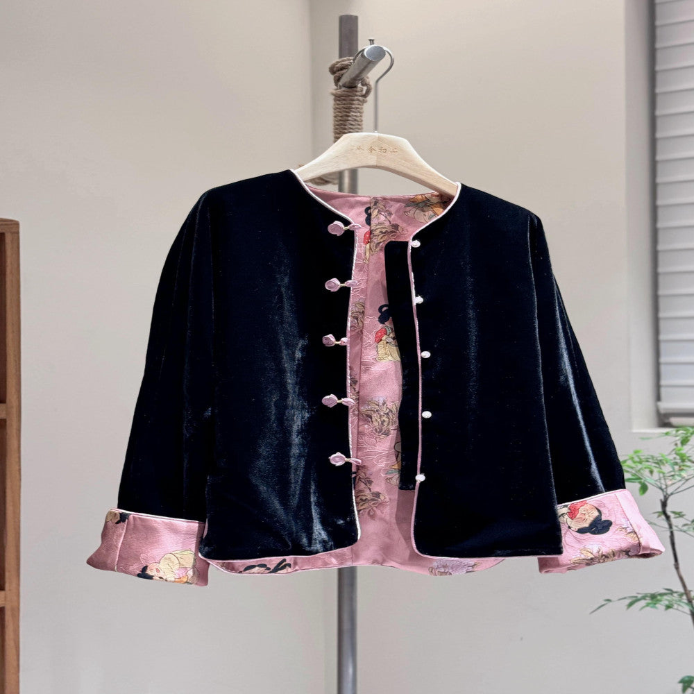 New Chinese style round neck double sided autumn and winter coat velvet pink Little Tang style high end young Tang style off shoulder sleeves Chinese style image 5