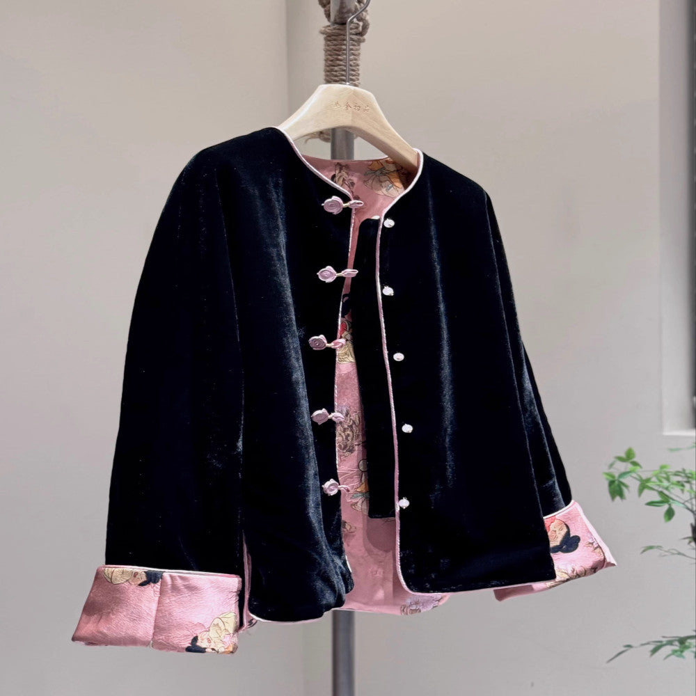 New Chinese style round neck double sided autumn and winter coat velvet pink Little Tang style high end young Tang style off shoulder sleeves Chinese style image 12