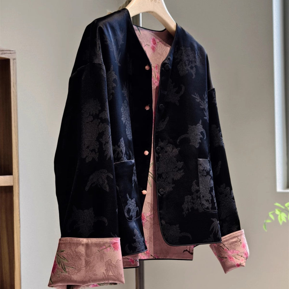 New Chinese style high end jacket for women s autumn style short cardigan with satin jacquard round neck on both sides black light Chinese style image 3