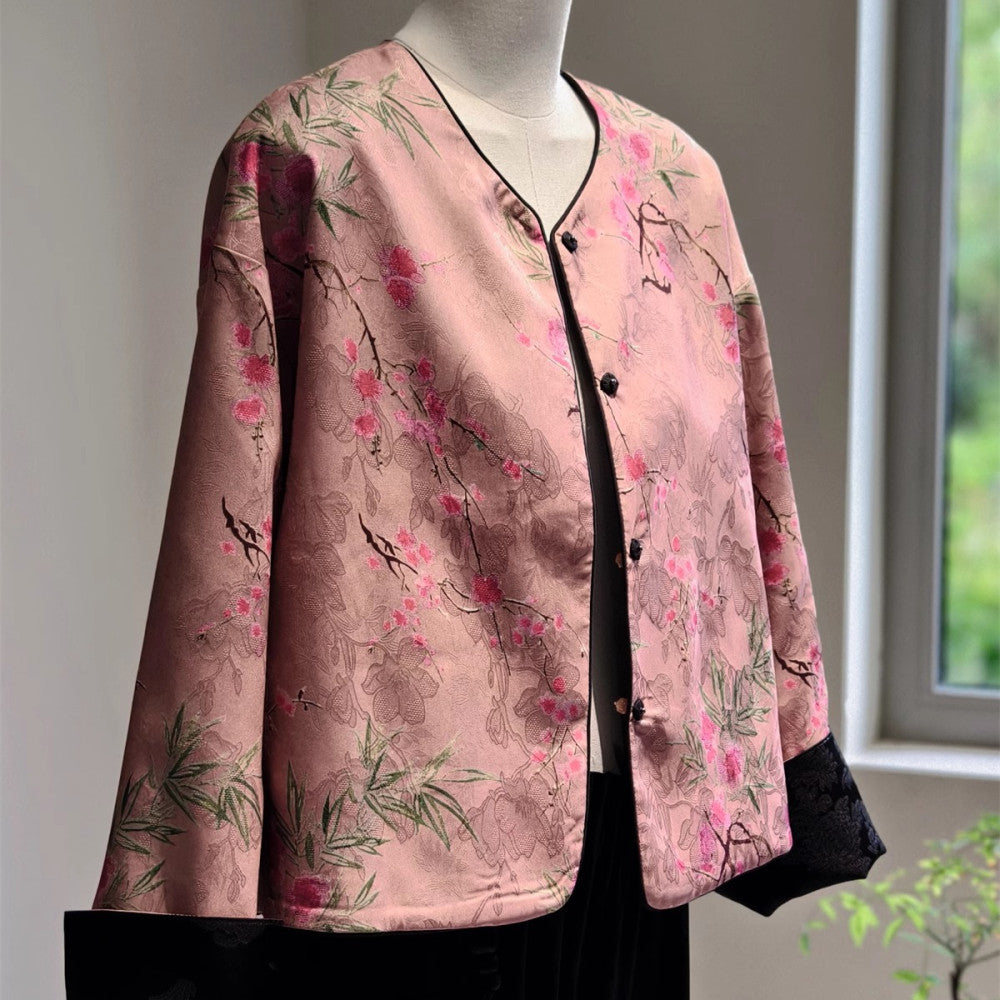 New Chinese style high end jacket for women s autumn style short cardigan with satin jacquard round neck on both sides black light Chinese style image 4