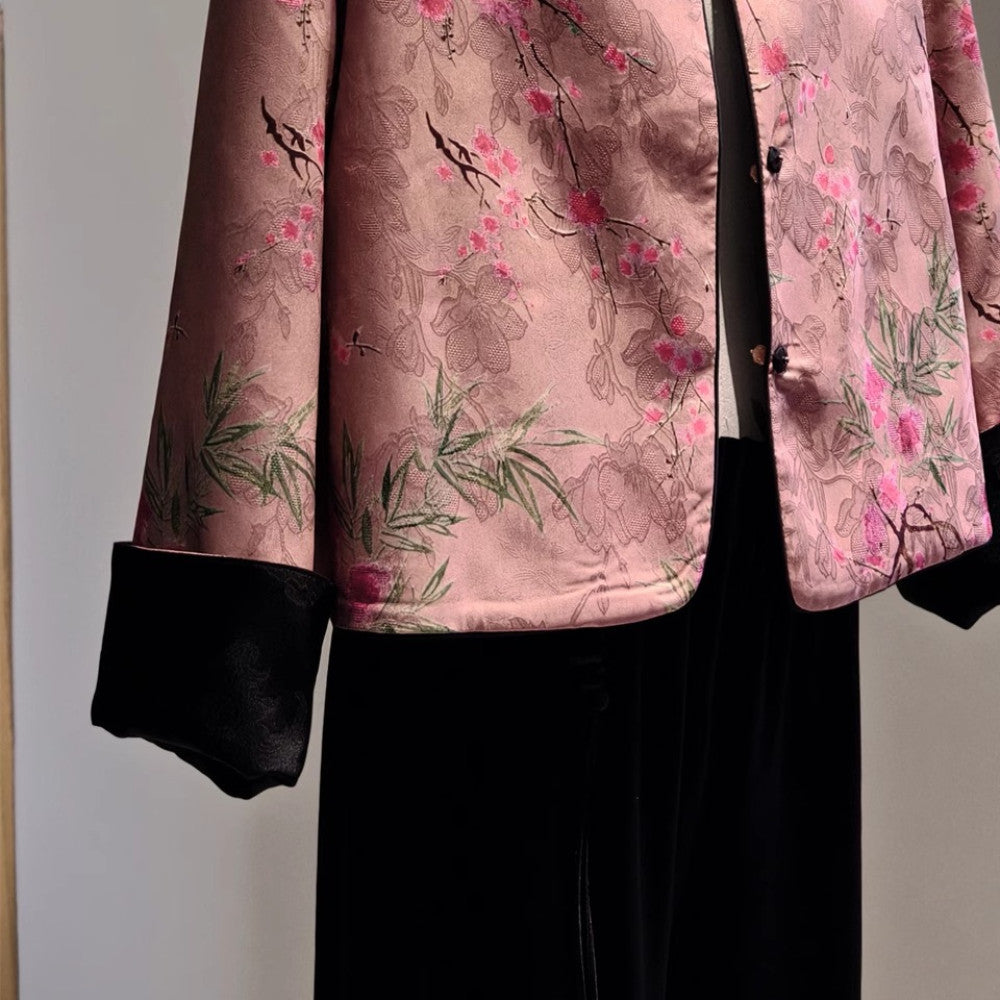 New Chinese style high end jacket for women s autumn style short cardigan with satin jacquard round neck on both sides black light Chinese style image 5